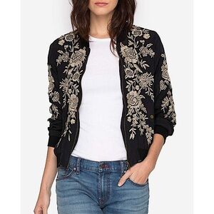 Johnny Was Lennon Black Silk Bomber Jacket with Cream Floral Embroidery Medium